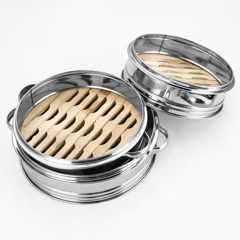 Stainless Steel Food Steamer Basket with Bamboo Bottom 4 Tier 6.3" with Lid