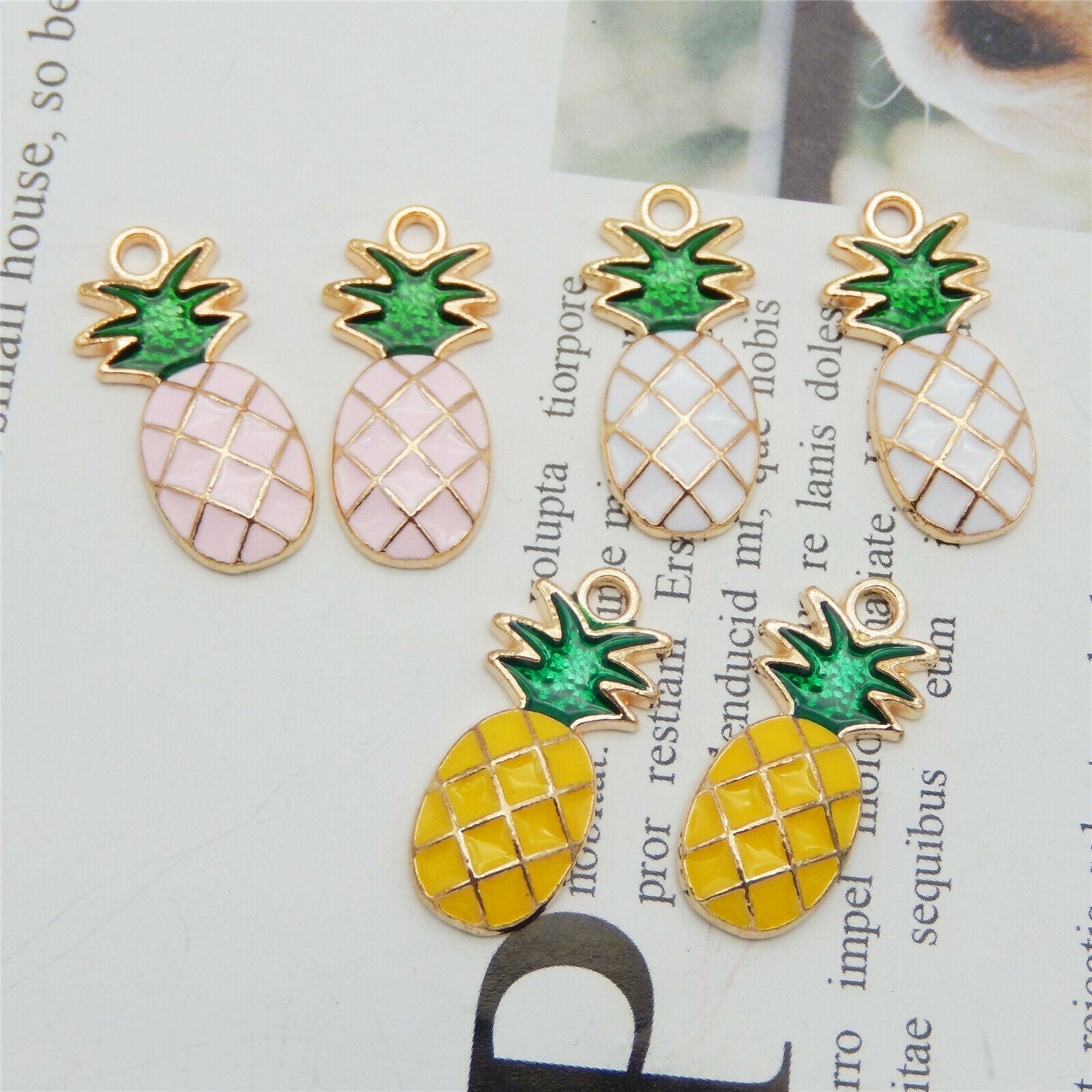12PCS Mixed Color Enamel Alloy Cute Golden Pineapple Charms Pendant 24*11*3mm
