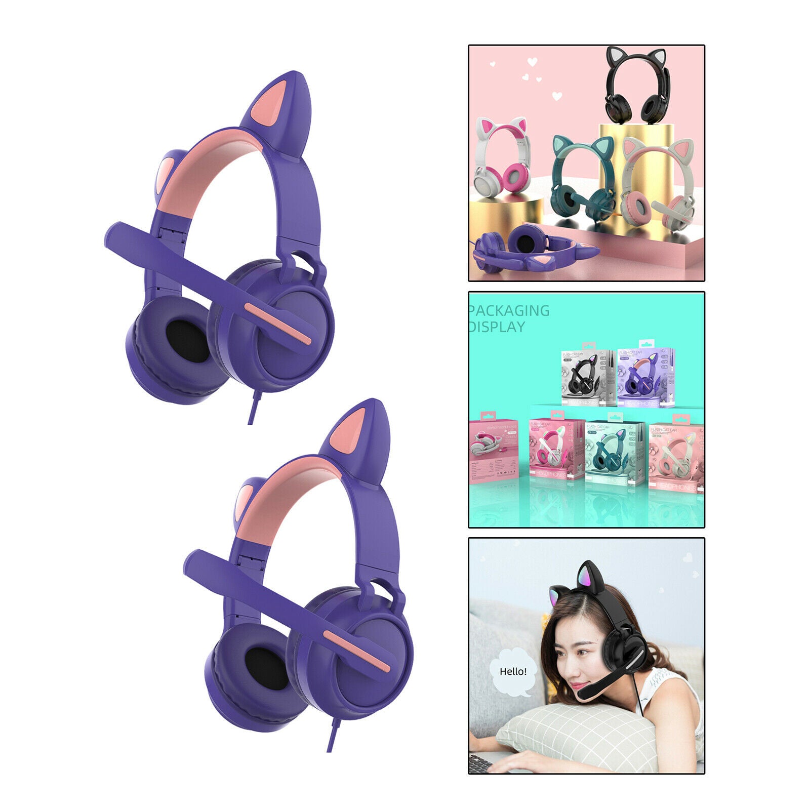 Set of 2 USB Cat Ear Wired Headset Headphones LED Light for PC Games TV