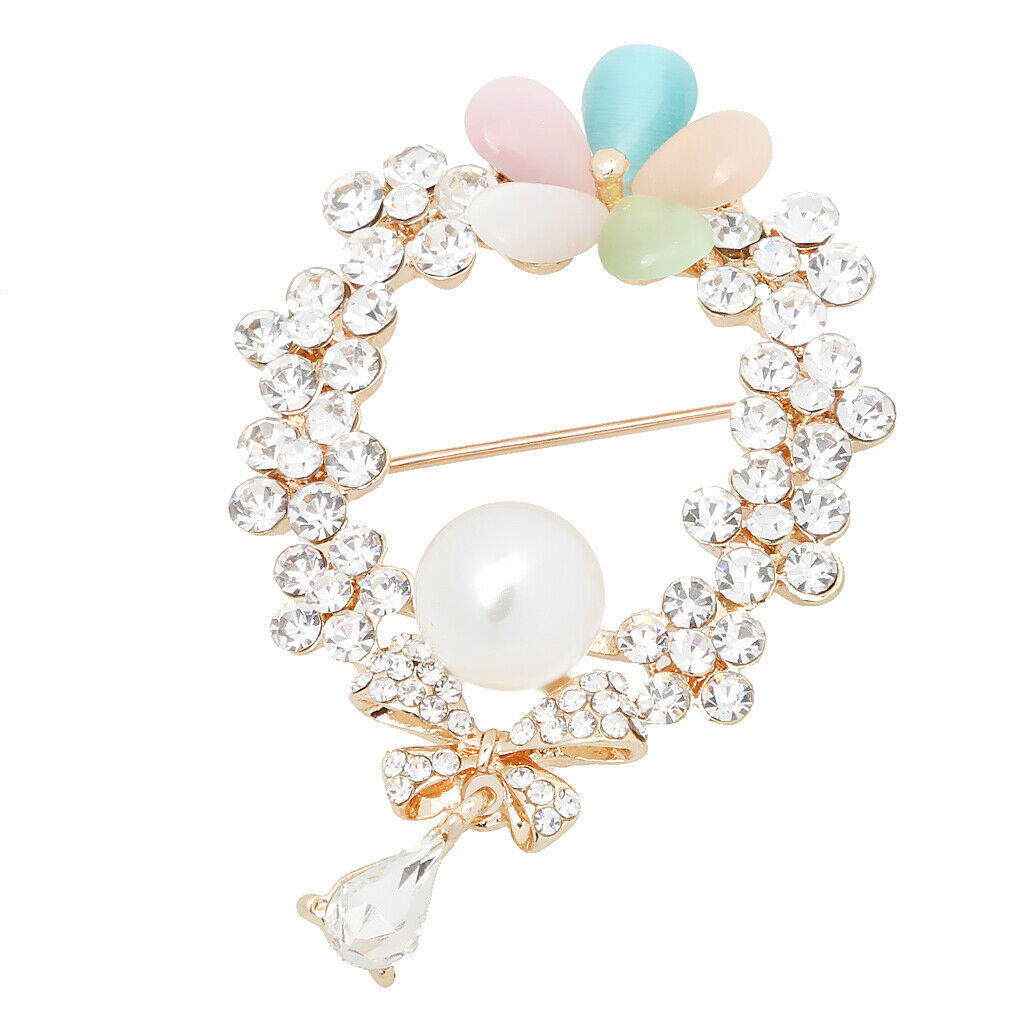 Elegant Alloy Crystal Pearls Bow Flower Brooch Wedding Bridal Bouquet Pin