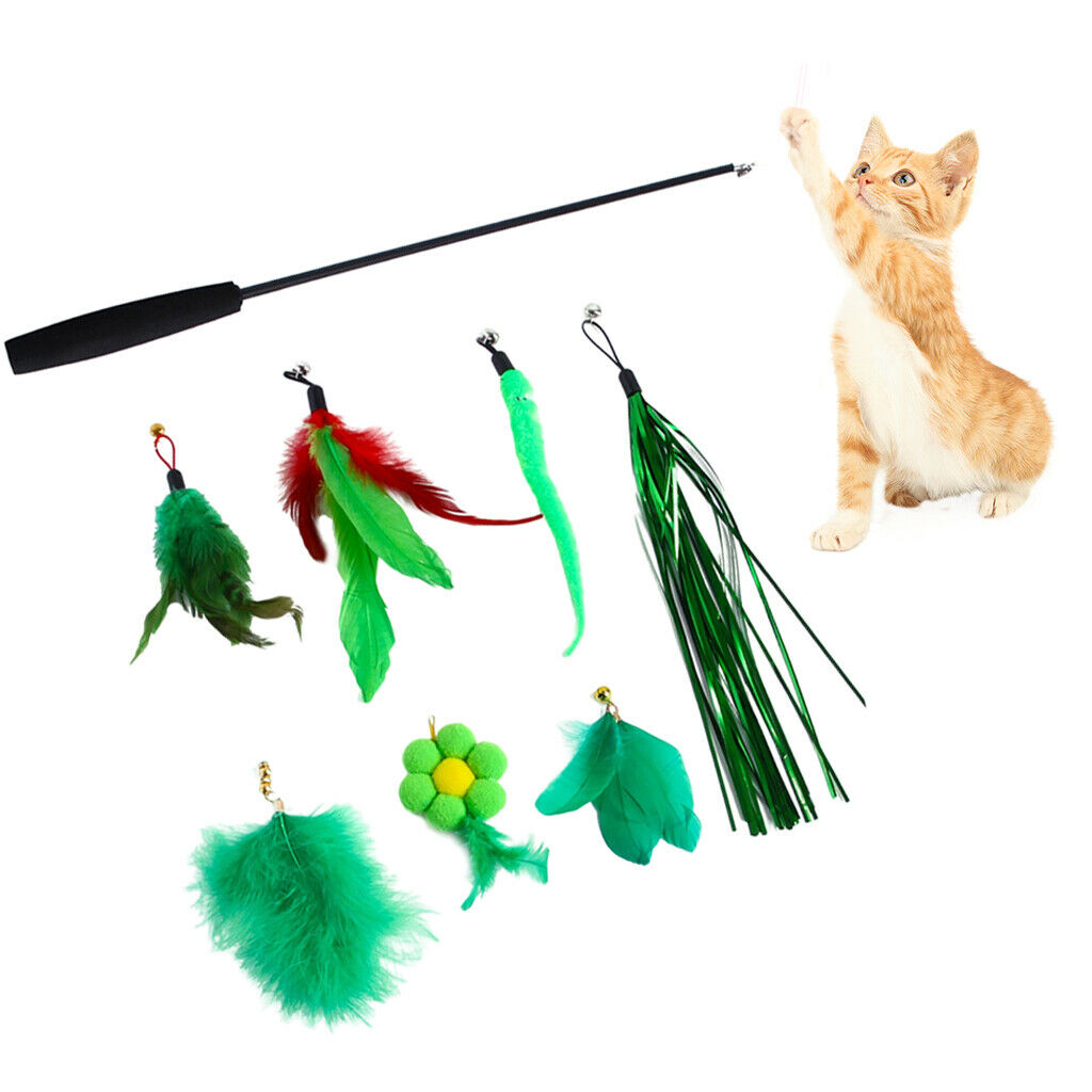 Cat Teaser Wand Set Interactive Ribbon Feather Toys for Pet Kitten Boredom