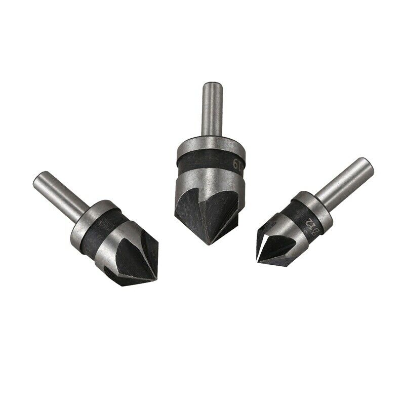 3pcs 5 Flute Countersink Drill Bit Set 90 Degree Chamfe Cutter For Wood Metal M2