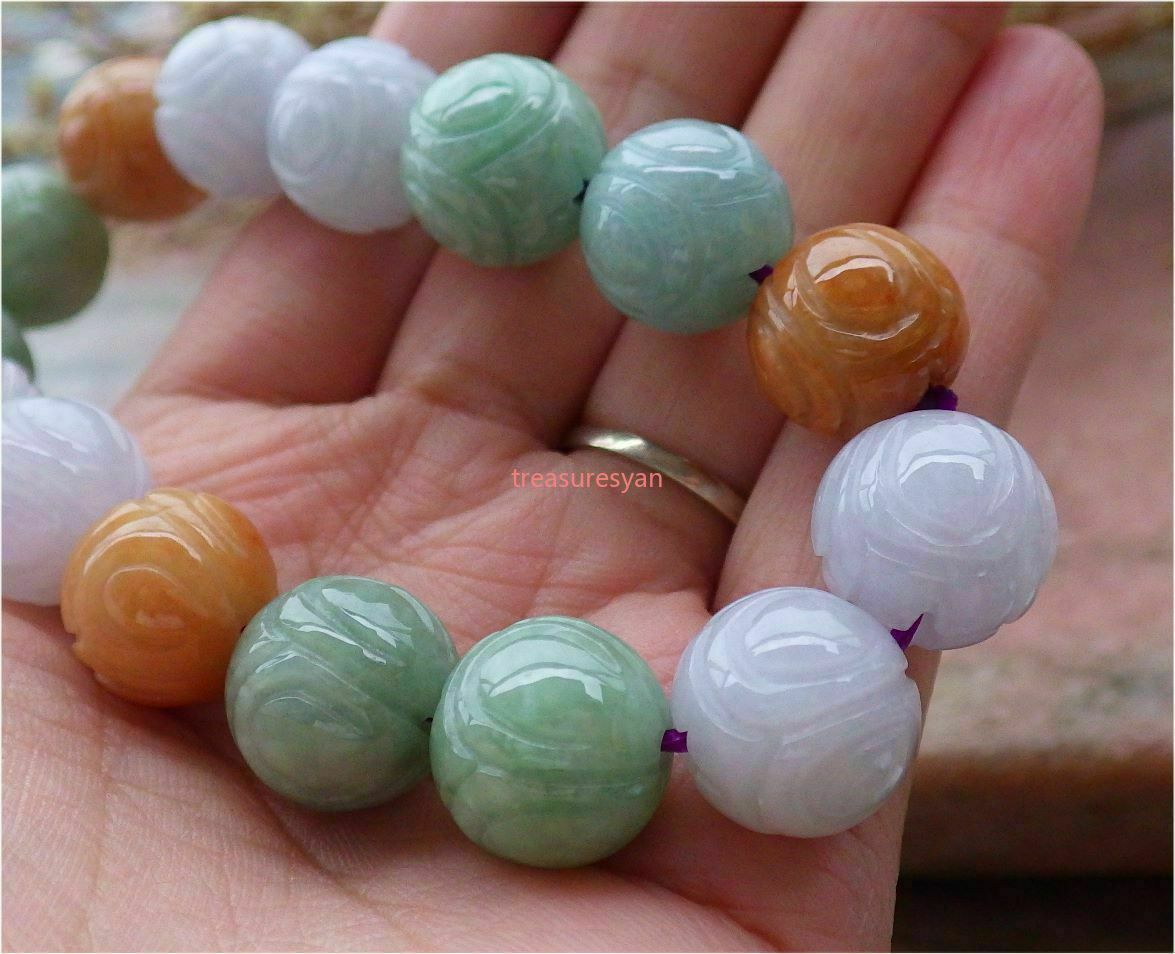 12-13mm Certified 3-color natural A jade jade lotus beaded bangle bracelet