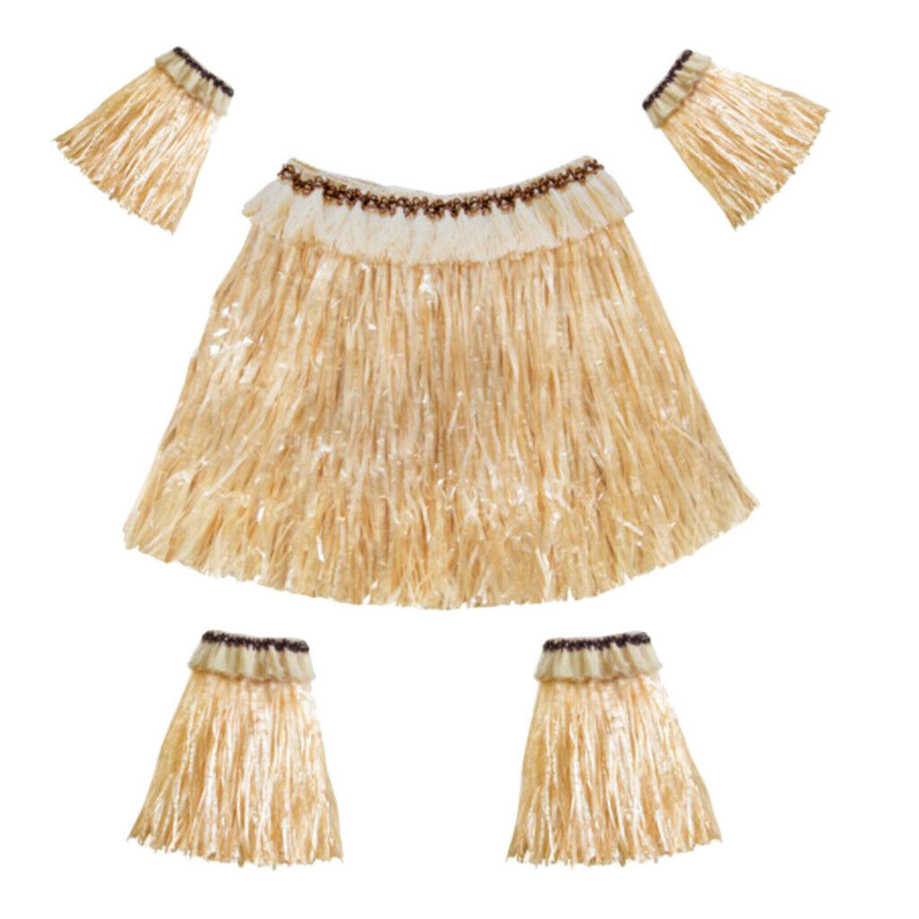Adults Hawaiian Hula Grass Skirt Arm Leg Sleeves Fancy Dress Costume Sets