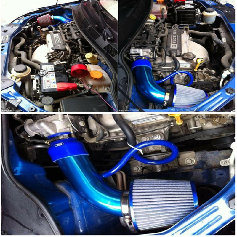 Car Aluminum Alloy Air Intake Kit Pipe 3"+Cold Air Intake Filter+Clamp Blue