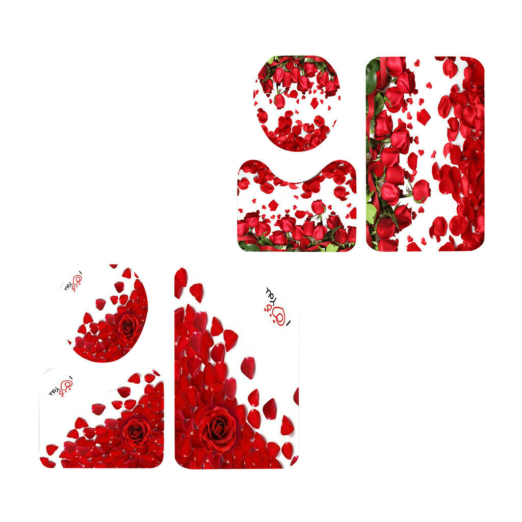 2Set 3Pcs Red Rose Pattern Toilet Lid Cover Bath Rug Set Shower Ensemble