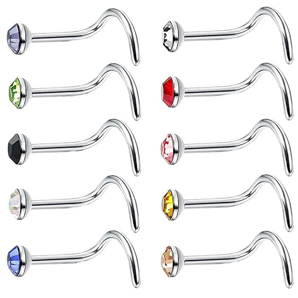 10pcs Rhinestone Stainless Steel Screw Shape Nose Studs Rings 20g 20g-3mm