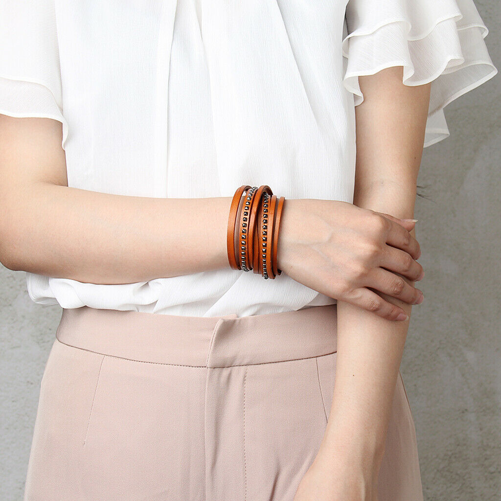 Rivet Punk PU Leather Wrap Wristband Multilayer Bracelet Adjustable Orange