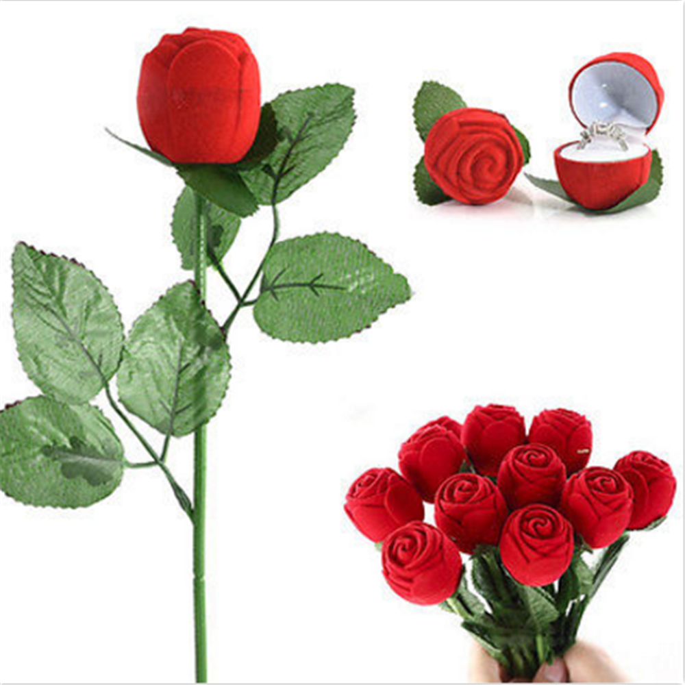 Red Rose Flower Velvet Ring Display Case Jewelry Storage Box Engagement Wedding