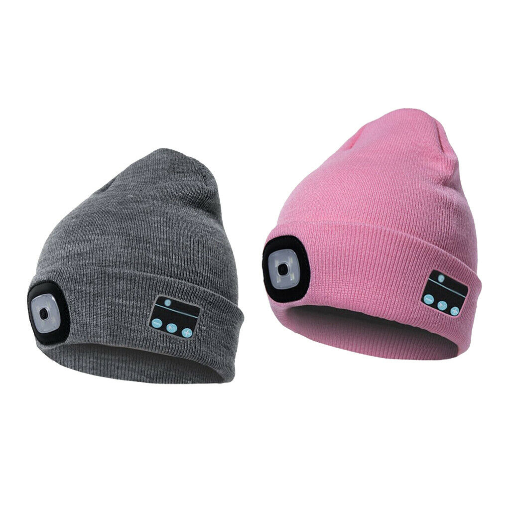 2 Pack Pink+Gray Unisex Stylish Bluetooth Beanie Hat Warm Hands-Free Talking