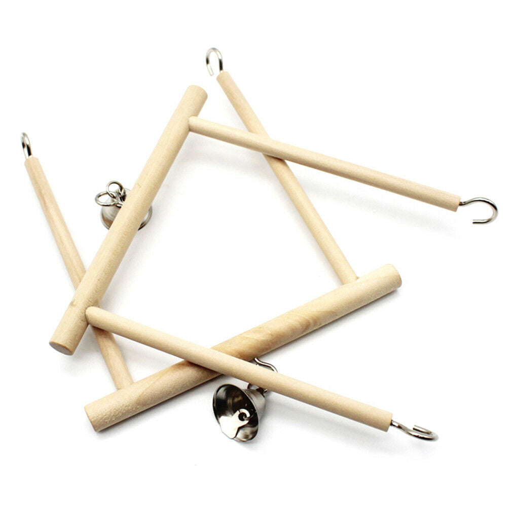 Birds Perch Parrot Play Toys Stand Holder natural Wooden Swing Bell Cage H.l8