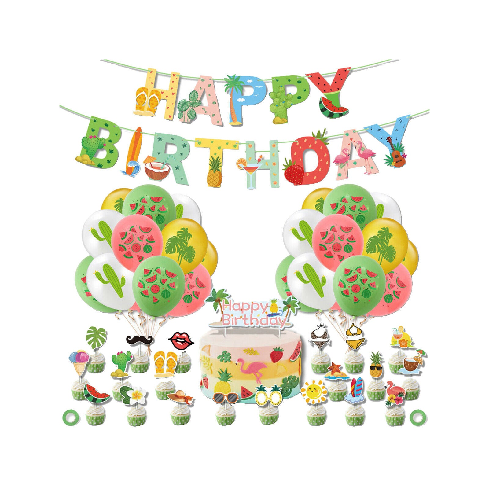 Tropical Balloons Garland Set with Tropical Leaves and Pineapple Banner for