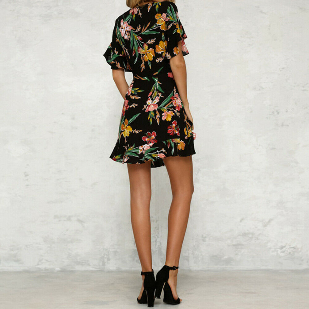 Women Summer Casual Short Sleeve Floral Evening Party Cocktail Beach Mini Dress