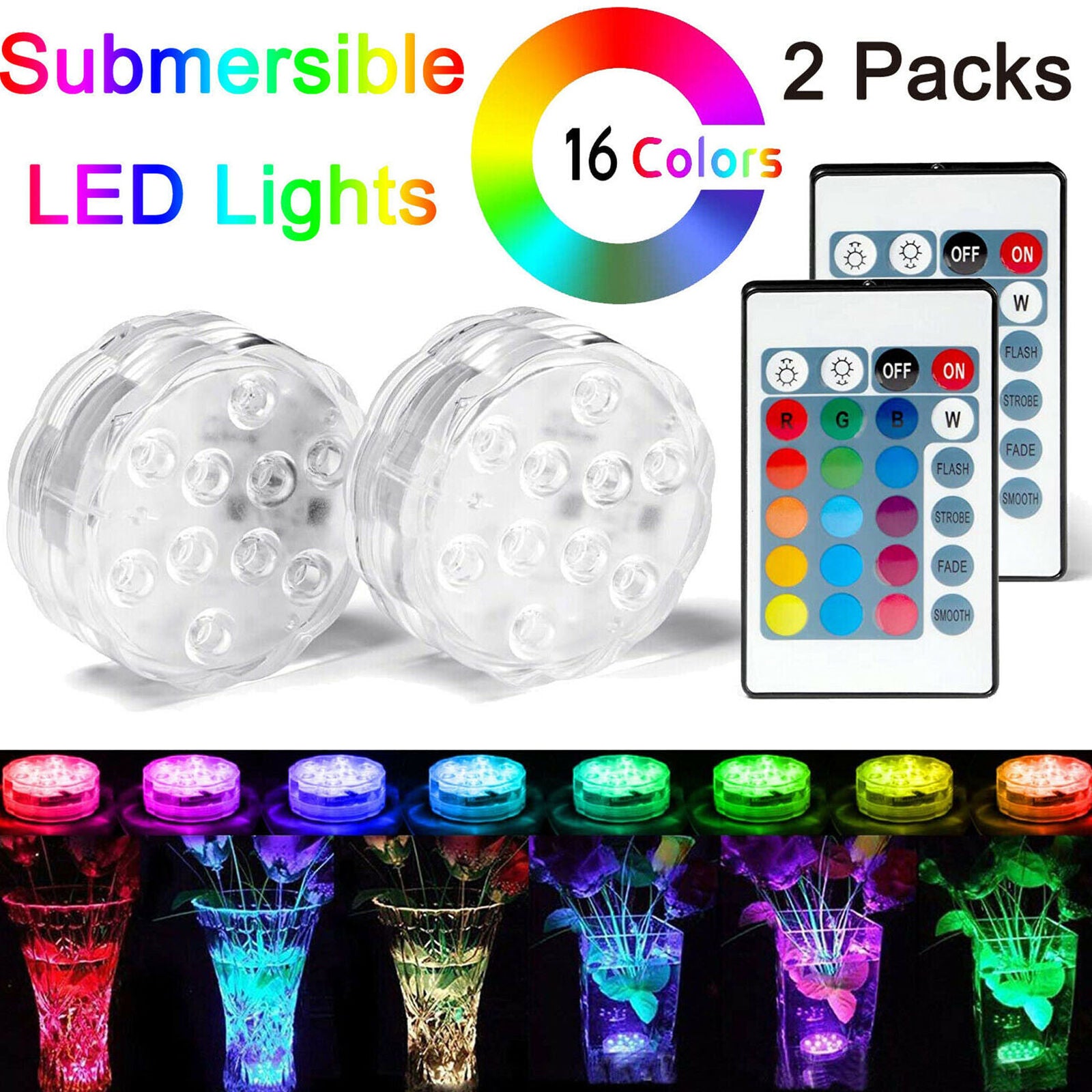 2 Packs Submersible LED Lights w/ Remote Waterproof Pool Fountain Tub Spa Light