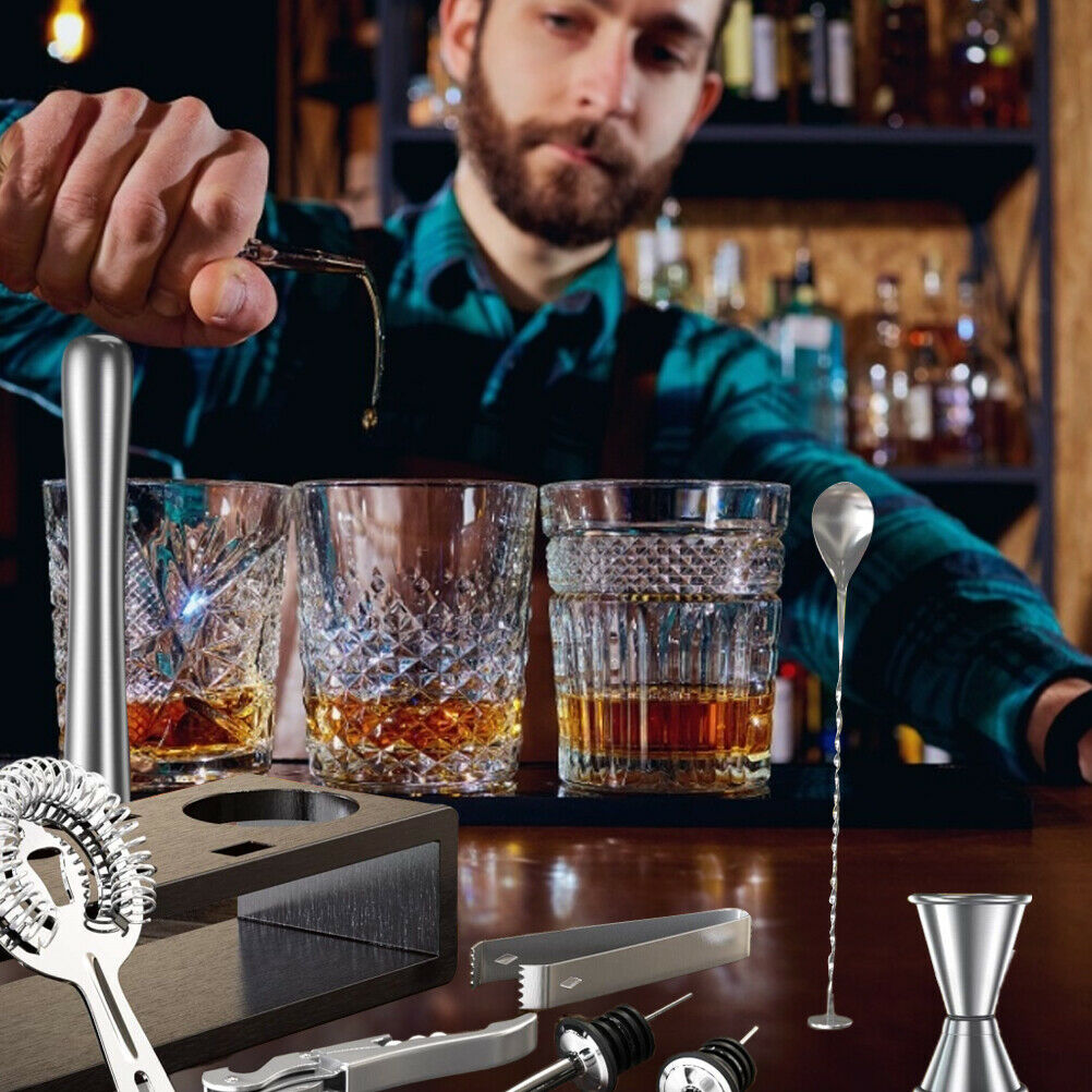 Bartender Kit With Stand Stainless Steel Cocktail Shaker With 10 Pieces Bar Tool