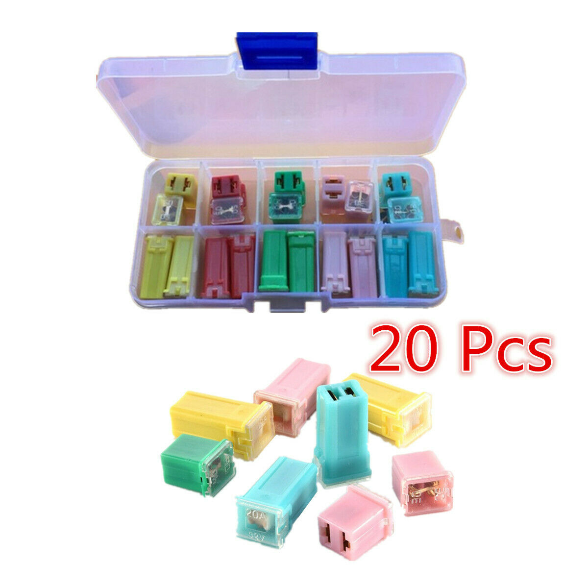 20 Pcs Plastic Boxed Mini Square Fuse 20A 30A 40A 50A 60A AMP Automotive Fuse