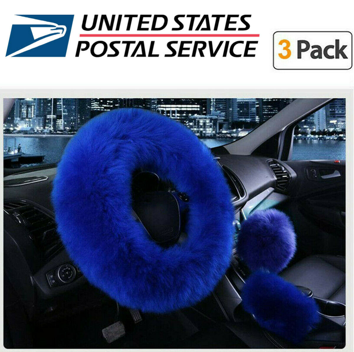 3 Pcs Blue Wool Fur Car Steering Wheel Cover Furry Fluffy Thick Sweat Absorption
