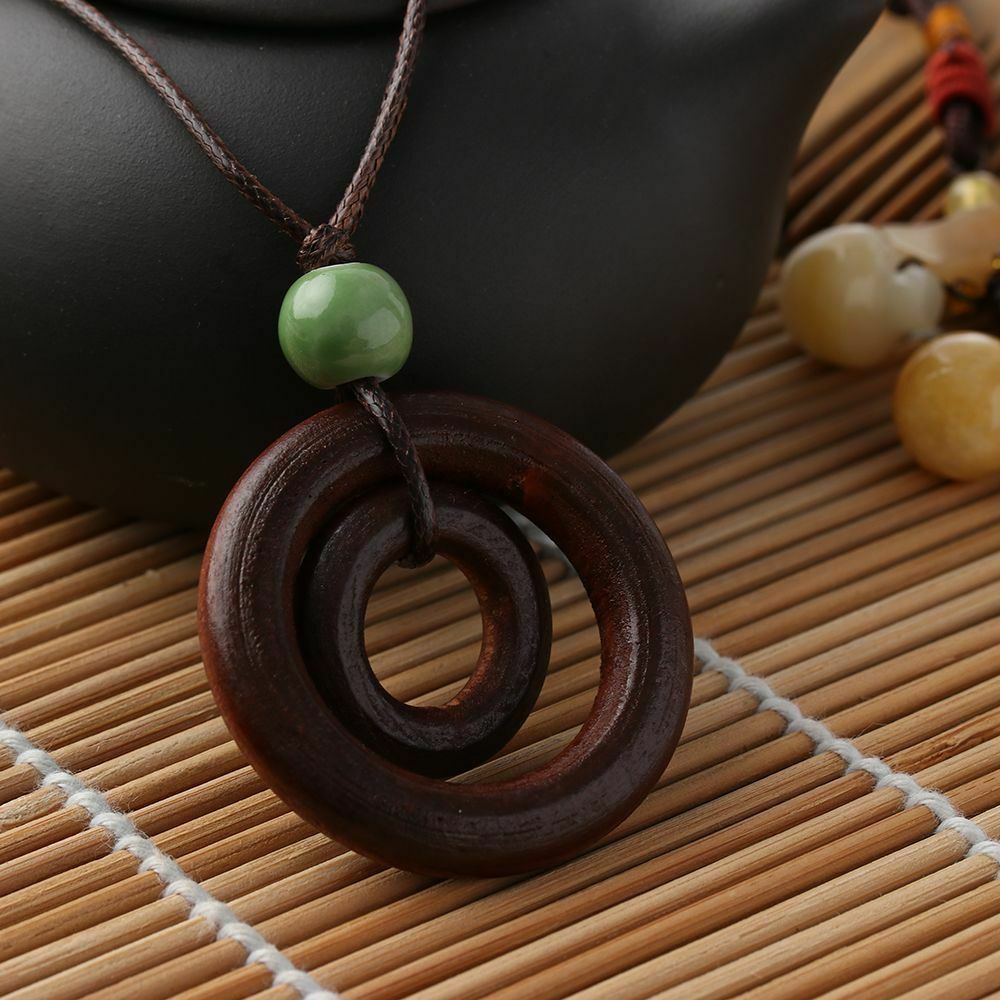 Gifts Bead Brown Women Wood Necklace Double-circle Pendant Long Rope Chain
