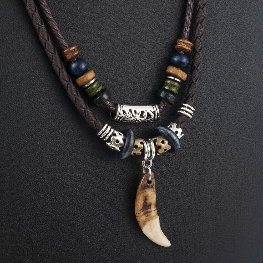 Fashion Men's Bohemia Wolf Tooth Pendant Leather Beaded Weaved Necklace Jewelry