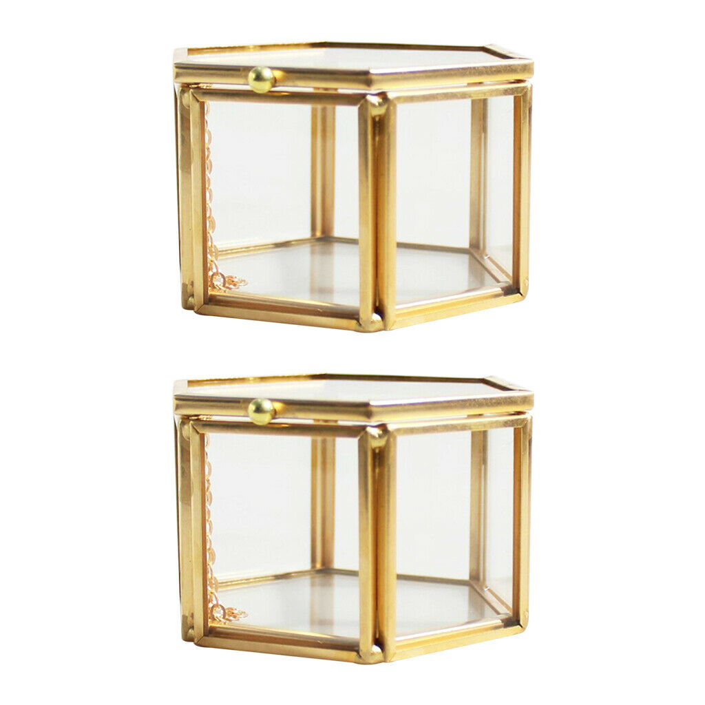 2 Pieces Modern Glass and Brass Cube Shaped Tabletop Succulent Plant Terrarium