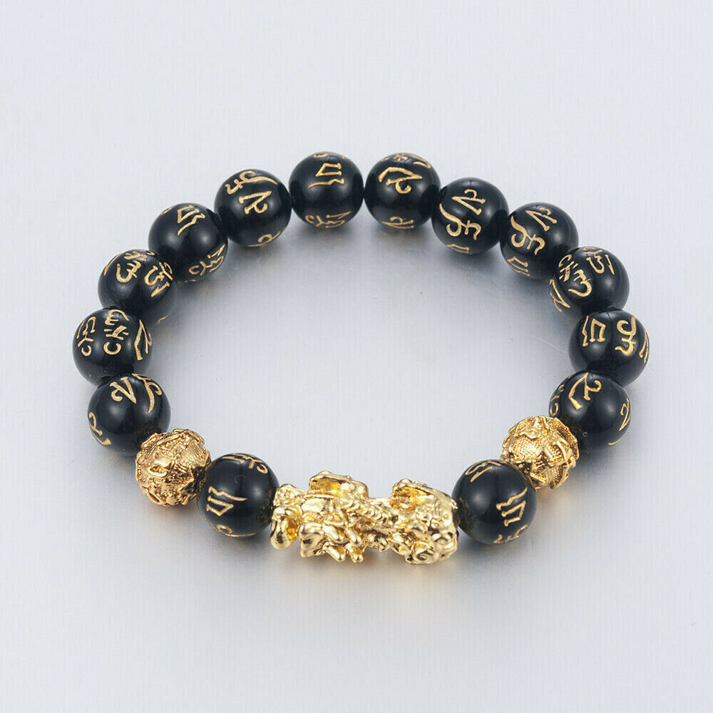 Feng Shui Black Obsidian Alloy Wealth Golden 'Pixiu' Bracelet Good Lucky Jewelry