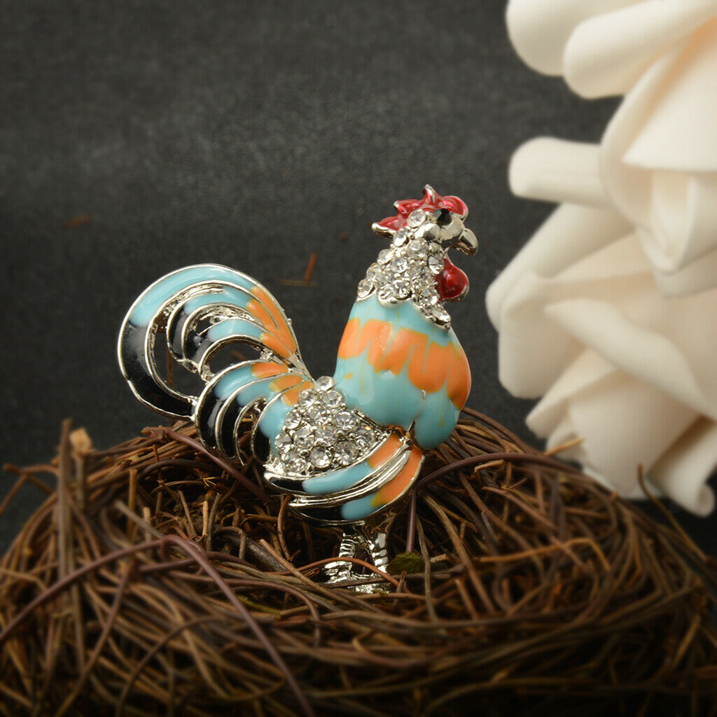 Retro Crystal Rhinestone Cock Rooster Animal Brooch Pins Christmas Blue