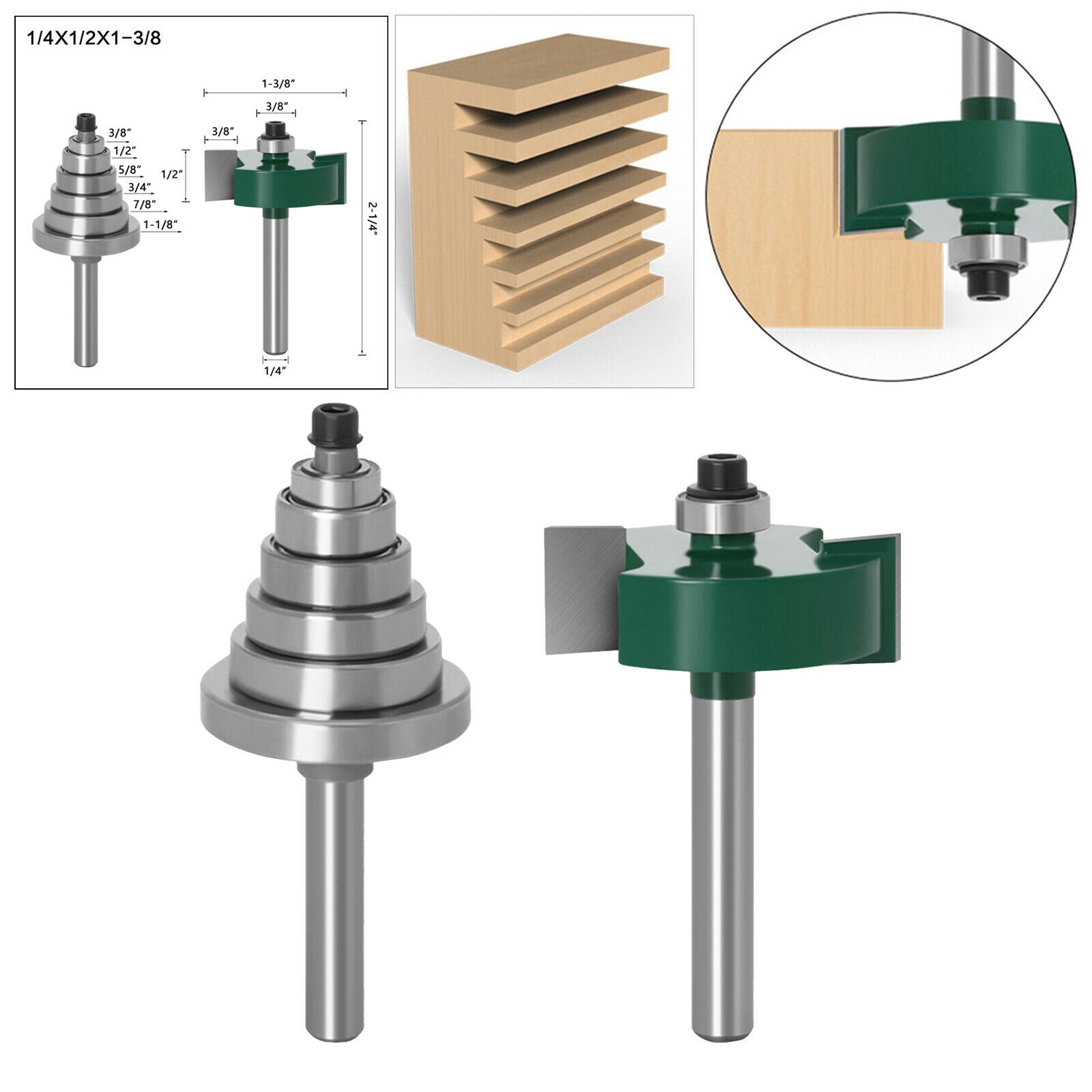 1/4" Cemented Carbide Rabbet Router Bit Cutter with 6 Bearings Set Durable
