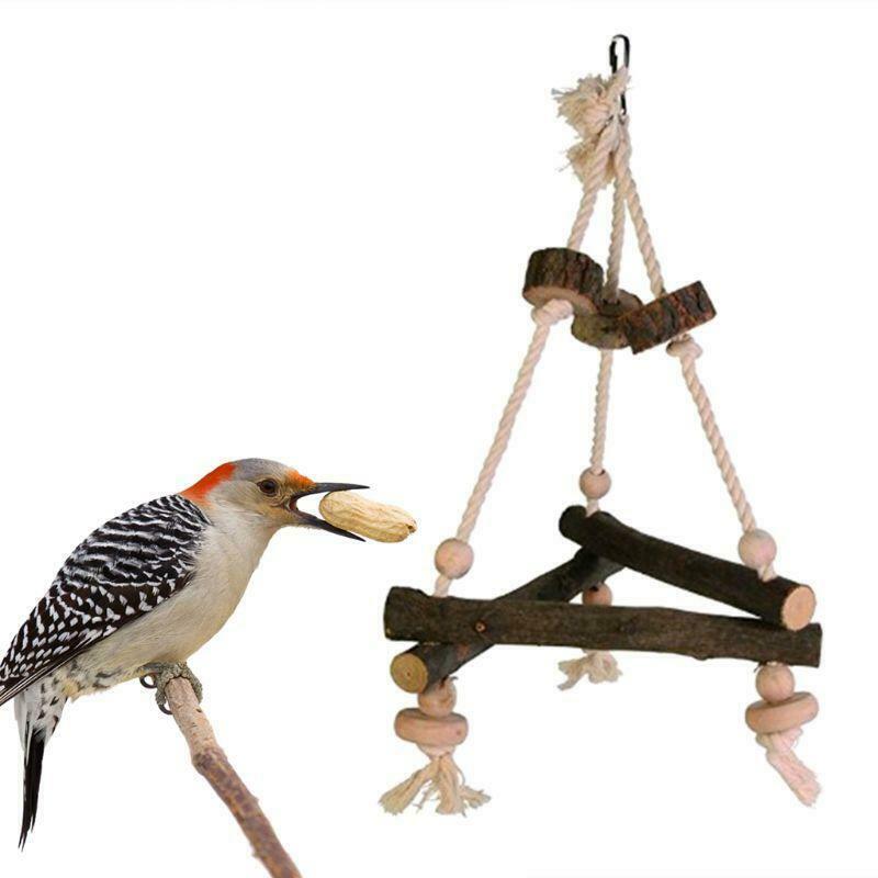 Natural Wooden Triangular Bird Swing Parakeet Bird Rope Stand Perch Chewing Toys