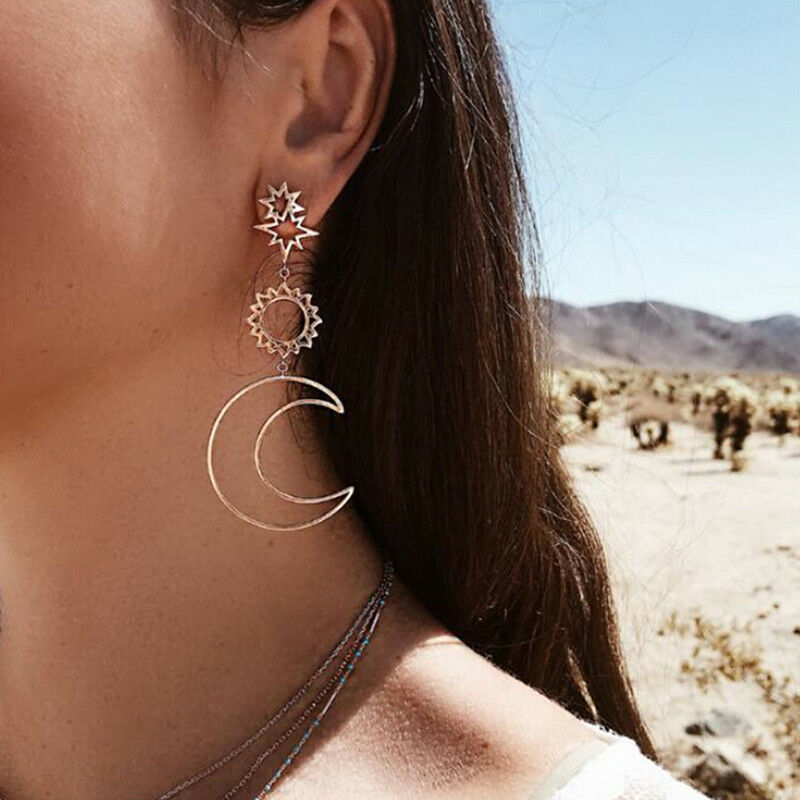 Women Boho Asymmetrical Star Sun Moon Drop Dangle Stud Earrings Jewelry Gift  Qx