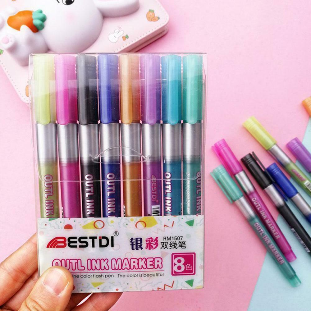 8 Colors Plastic Double Lines Gift Card Art Markers Out line Pens Art Drawing
