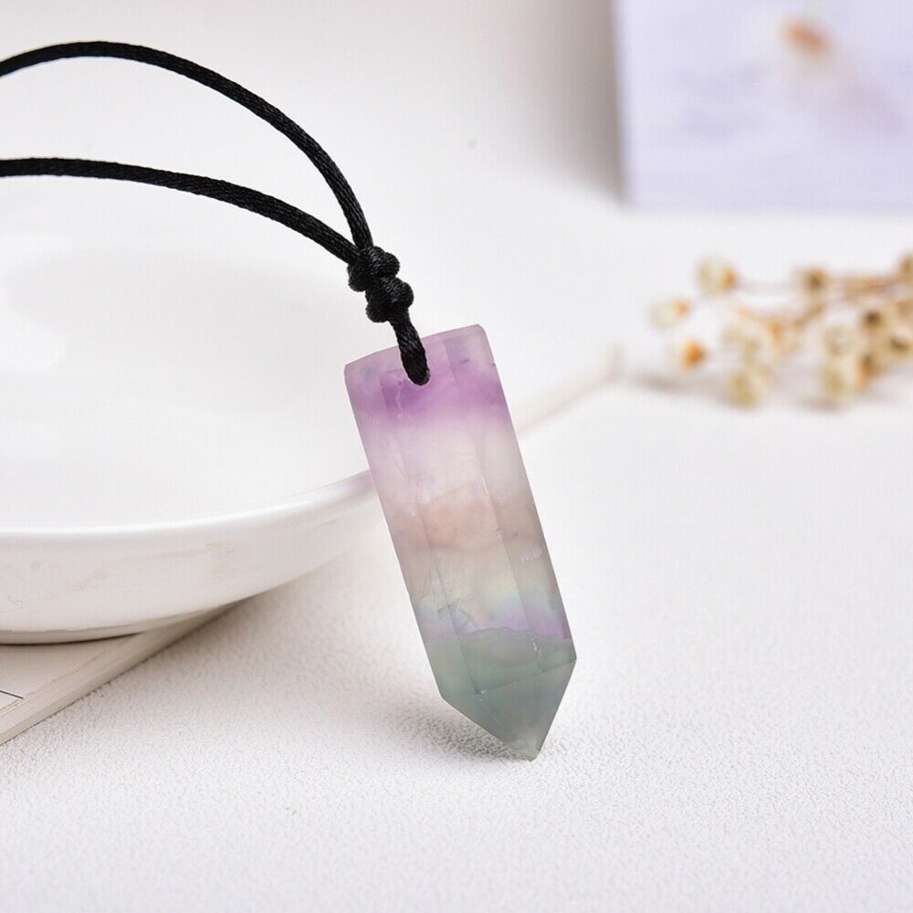 Purple Green Fluorite Pendant Necklace Crystal Quartz Natural Fluorite Wand Gift