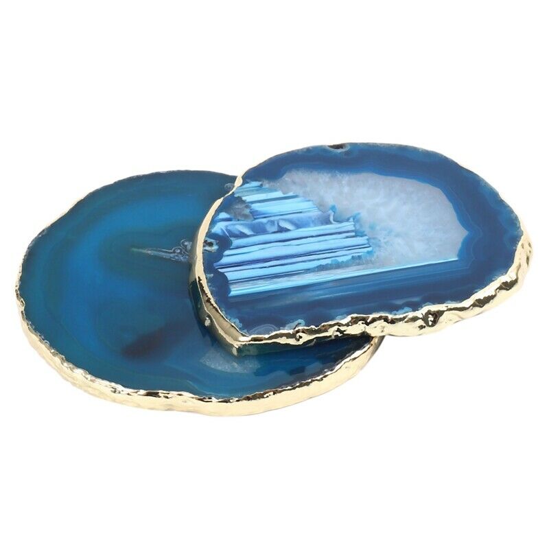 2Pcs Agate Slice Blue Agate Coaster Teacup Tray Decorative Design Stone CoasteL7
