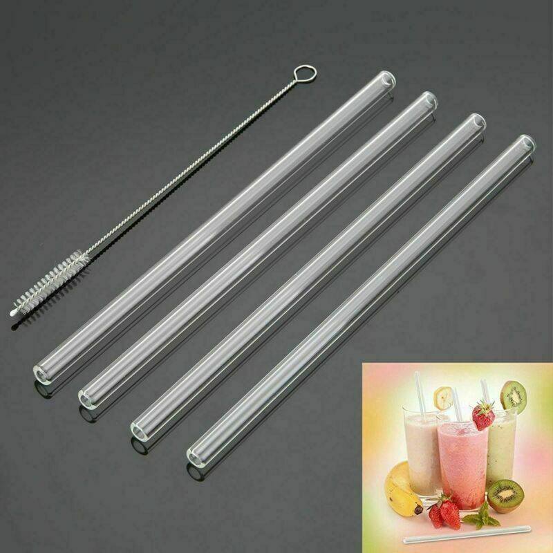 Eco Friendly 4 Pack GLASS Drinking Straws Cleaning Brush Party Use Shake Straw