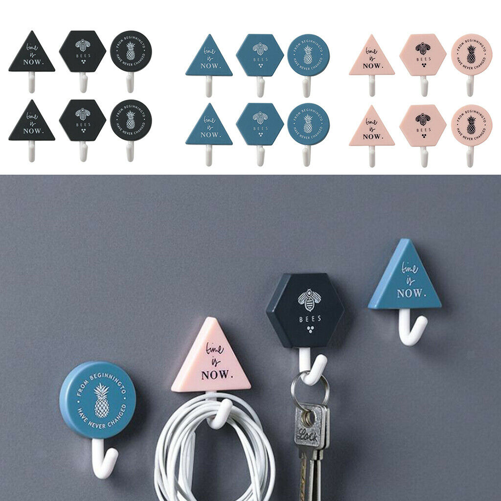 6 Pcs Self Adhesive Hooks Punch-free Geometric Hangers Set Multi-Color Pink