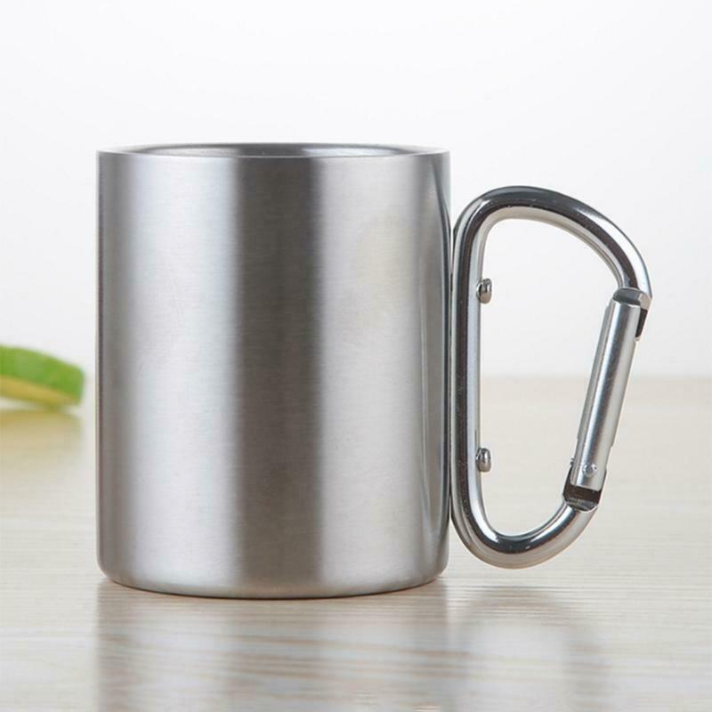 220ml Camping Travel Stainless Steel Cup Carabiner Hook Handle Picnic Water Mug