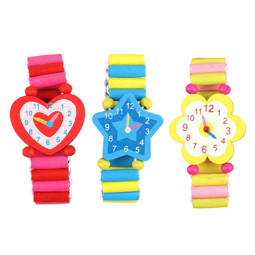 Set of 3 Wood Wristwatches Cartoon Watches Handicrafts Toys for Boys Girs