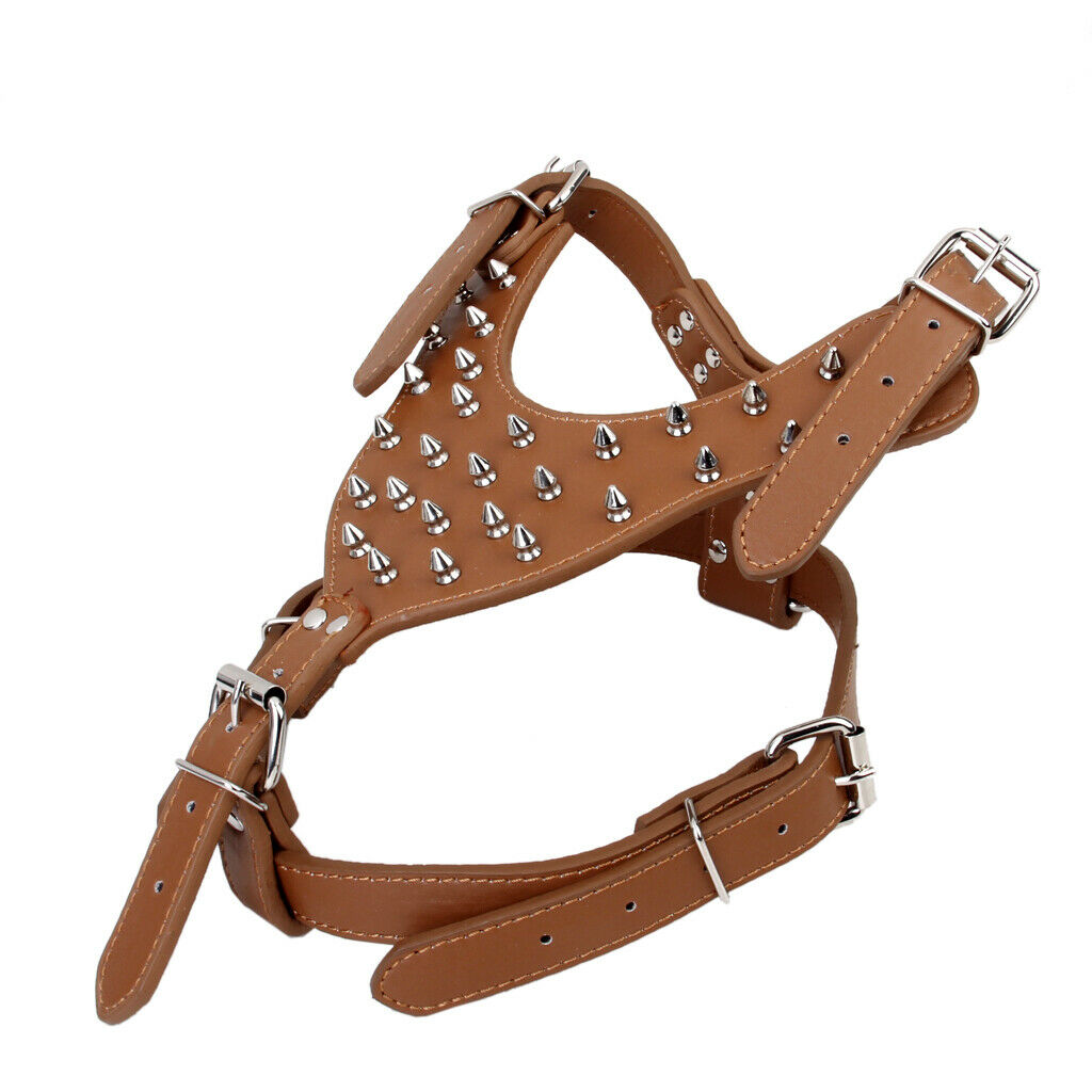 Studded Rivets PU Leather Pet DOG Walking Collar Harness Adjustable Brown