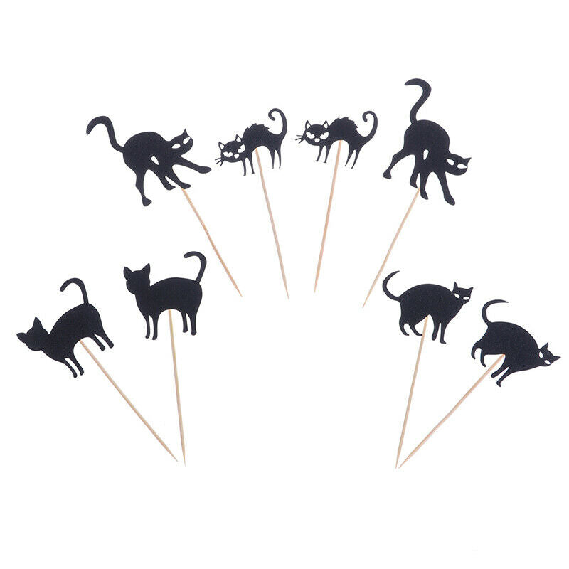 8pcs Halloween Horror Cupcake Cake Toppers Black Cat Dessert Party Decora.l8