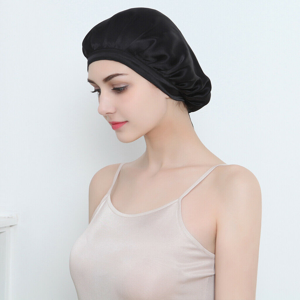 100% Pure Silk Sleep Hats Wrap Night   Hair Care Bonnet Women Hat Black