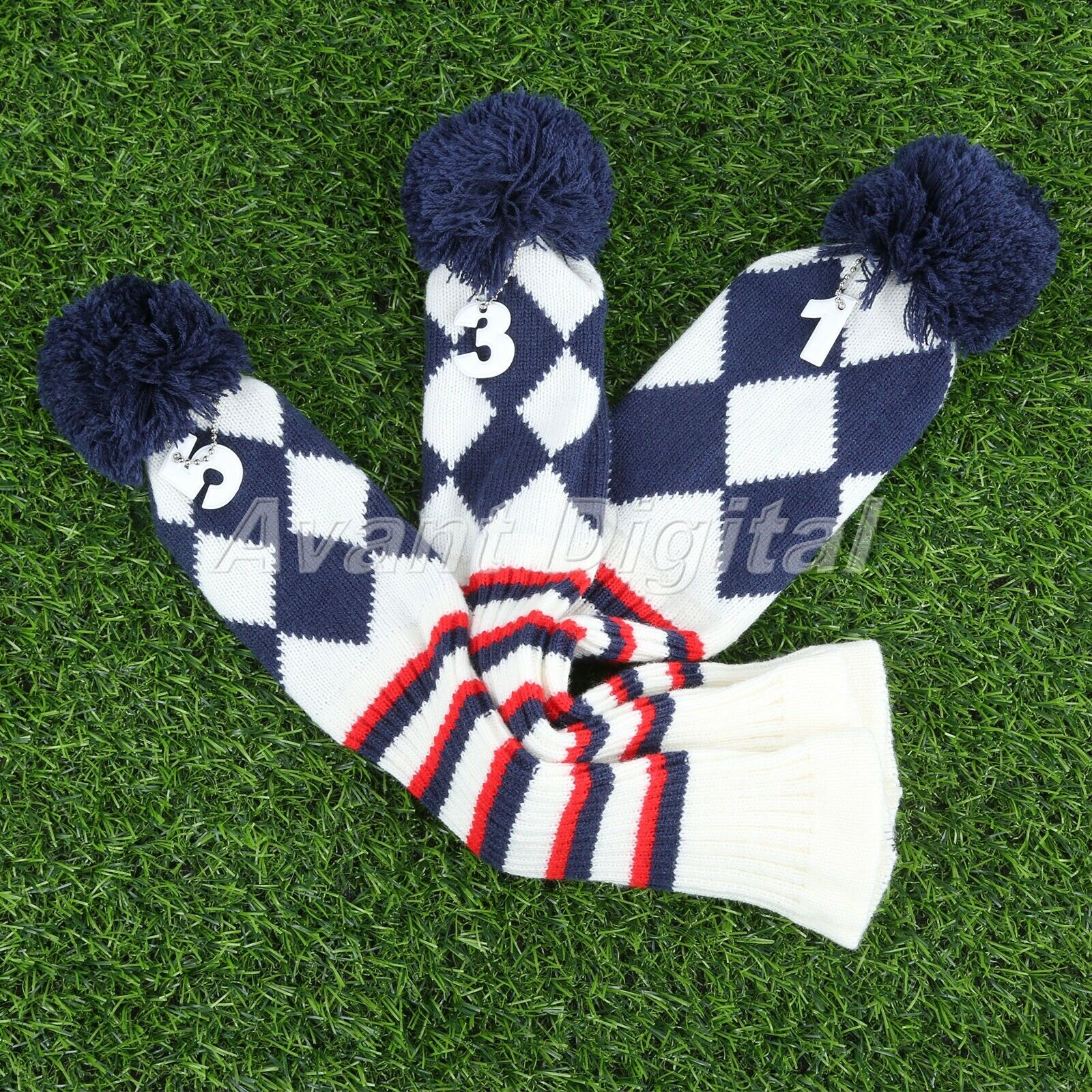 3Pieces Golf Head Covers Knitted Striped Pom Pom Soft Wood Protective Cover Case