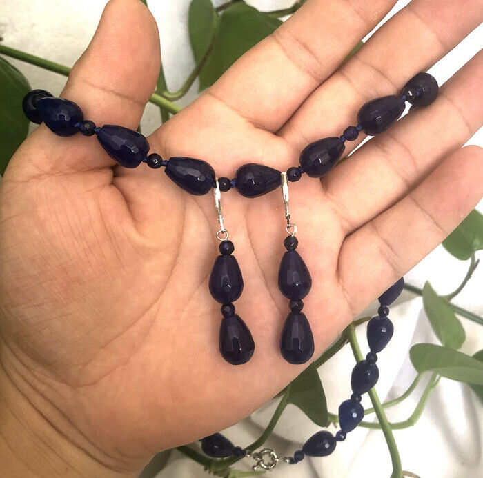 New10x14mm Water Drop Faceted Blue Sapphire Beaded Necklace and Earring Set A+