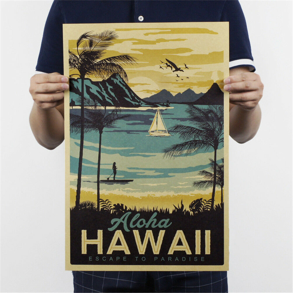 retro hawaii poster office kraft paper bar home decor painting wall stick.l8