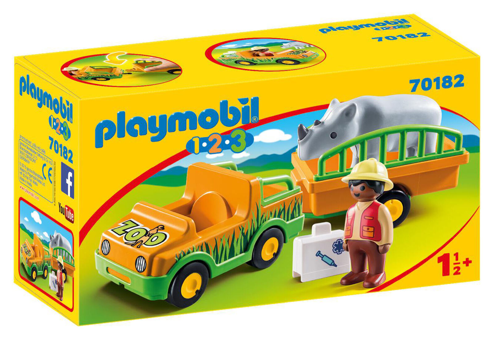 70182 Playmobil 1.2.3 Zoo Vehicle with Rhinoceros Suitable Age 2+