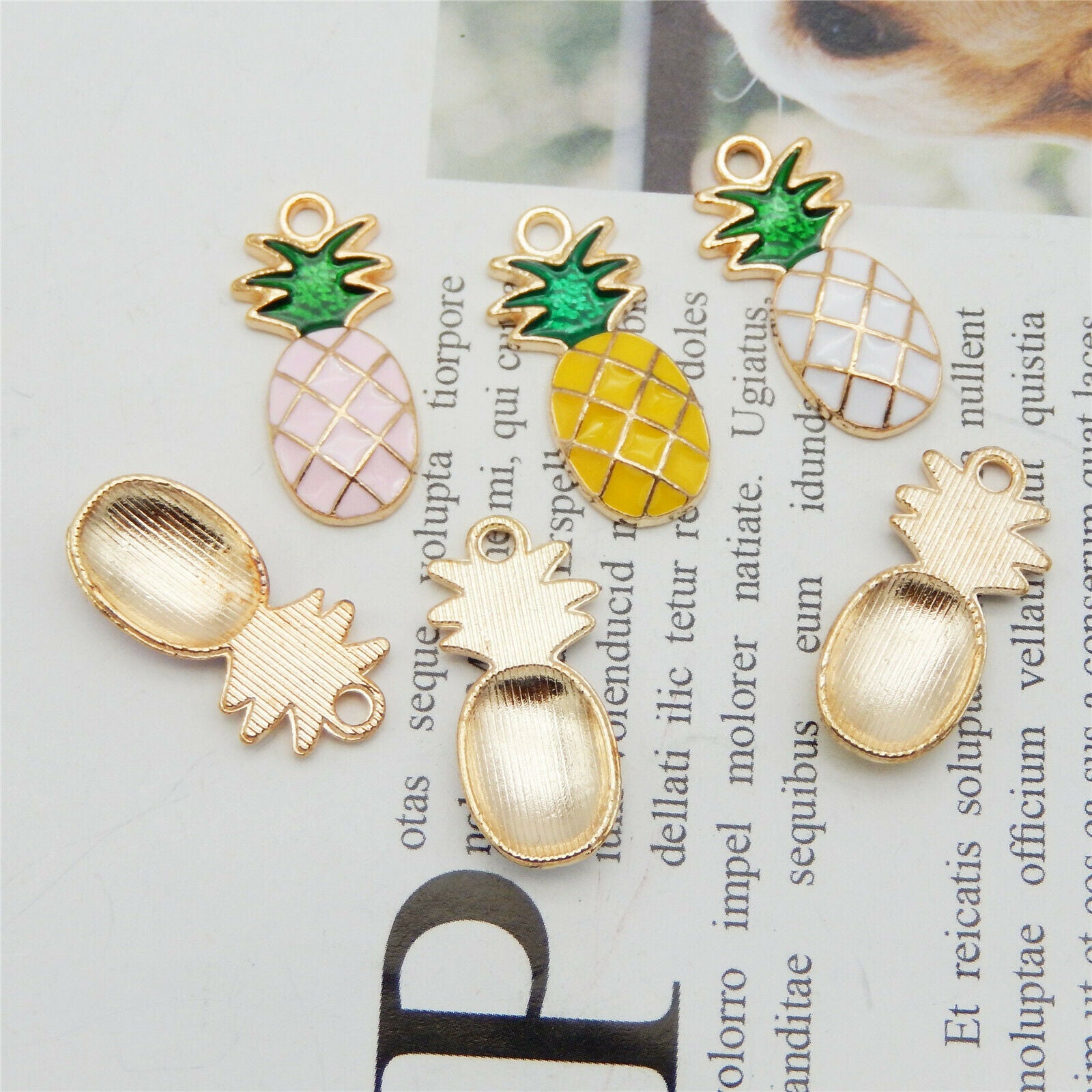 12PCS Mixed Color Enamel Alloy Cute Golden Pineapple Charms Pendant 24*11*3mm
