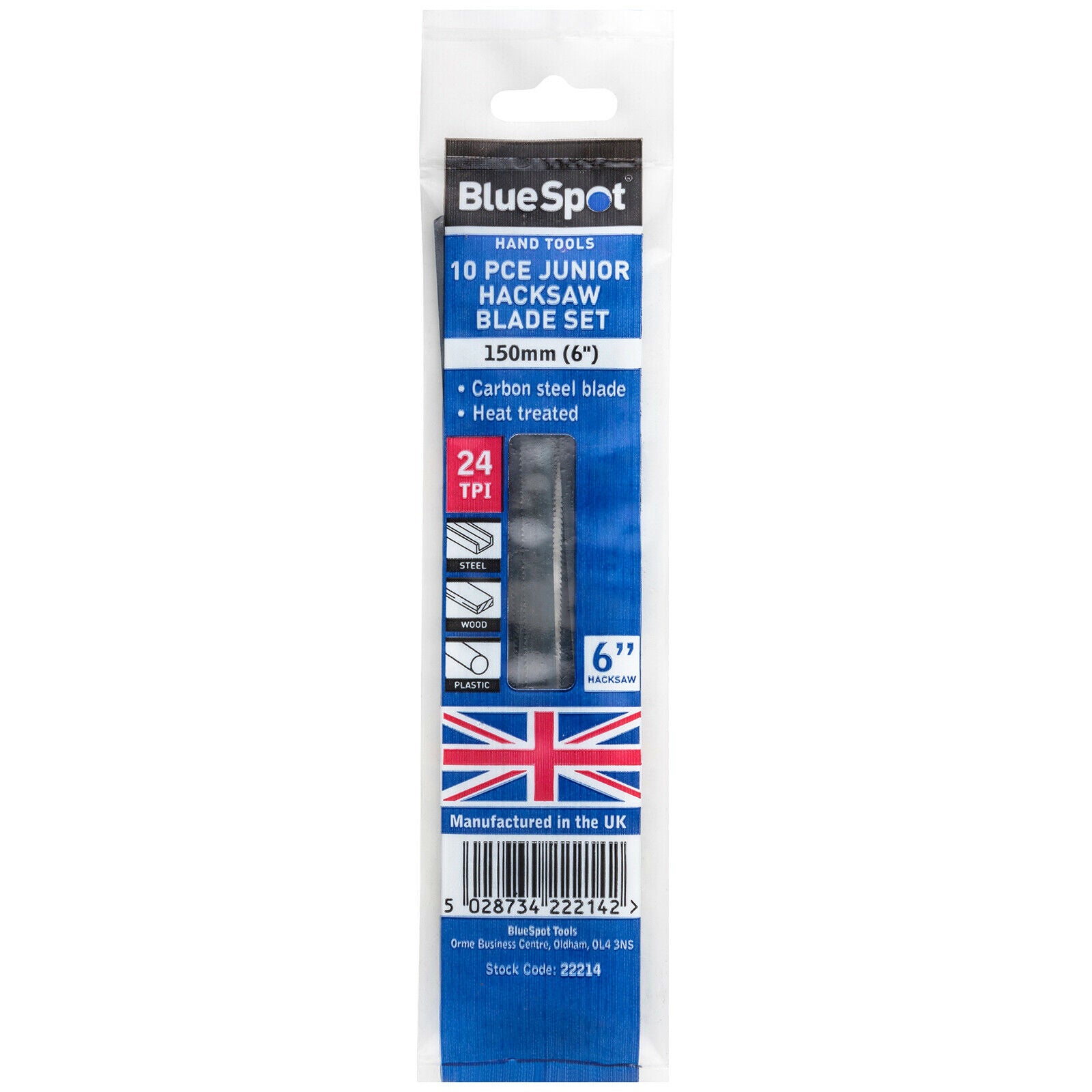 BlueSpot Junior Hacksaw Blades 10 Pack 150mm 24 TPI British Made Metal Cutting
