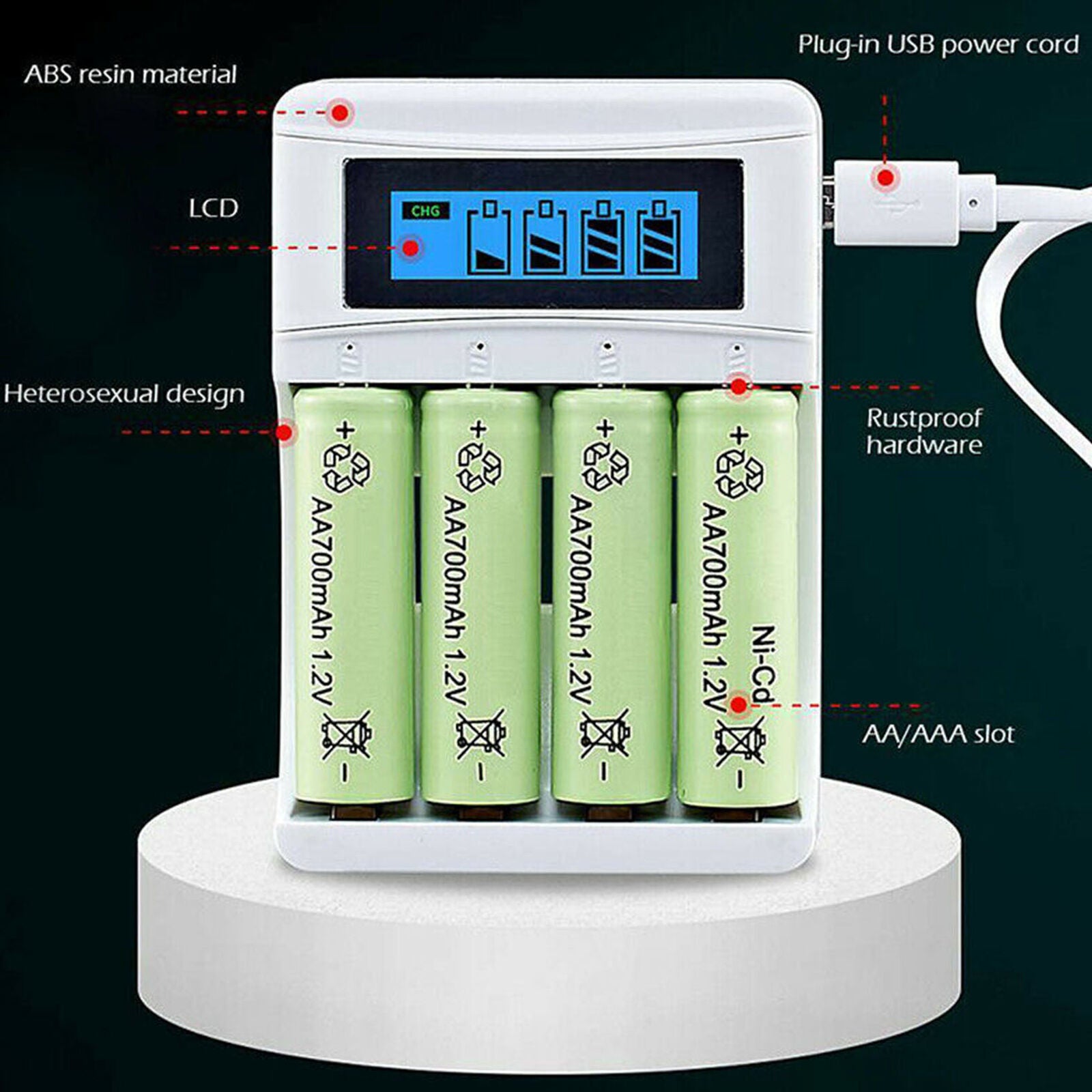 4 Slot Battery Charger LCD Dsiplay for AA AAA NiCd NiMh Rechargeable Batteries