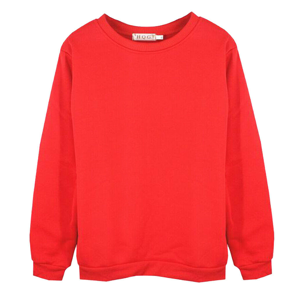 Red Solid Round Neck Long Sleeve Fleece Sweatshirts Unisex Loose Top 4XL