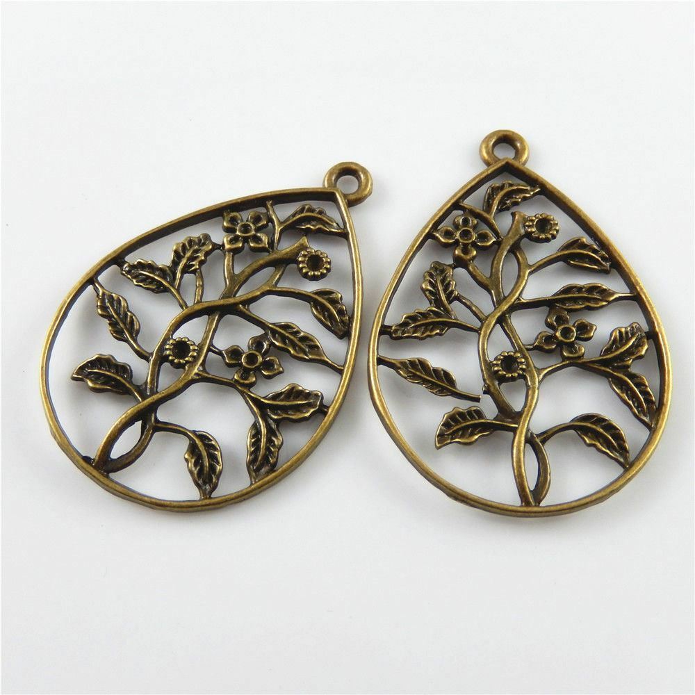 5-pack Retro Bronze Alloy Teardrop Pendant Hollowed Flower Branch Charm 54x41mm