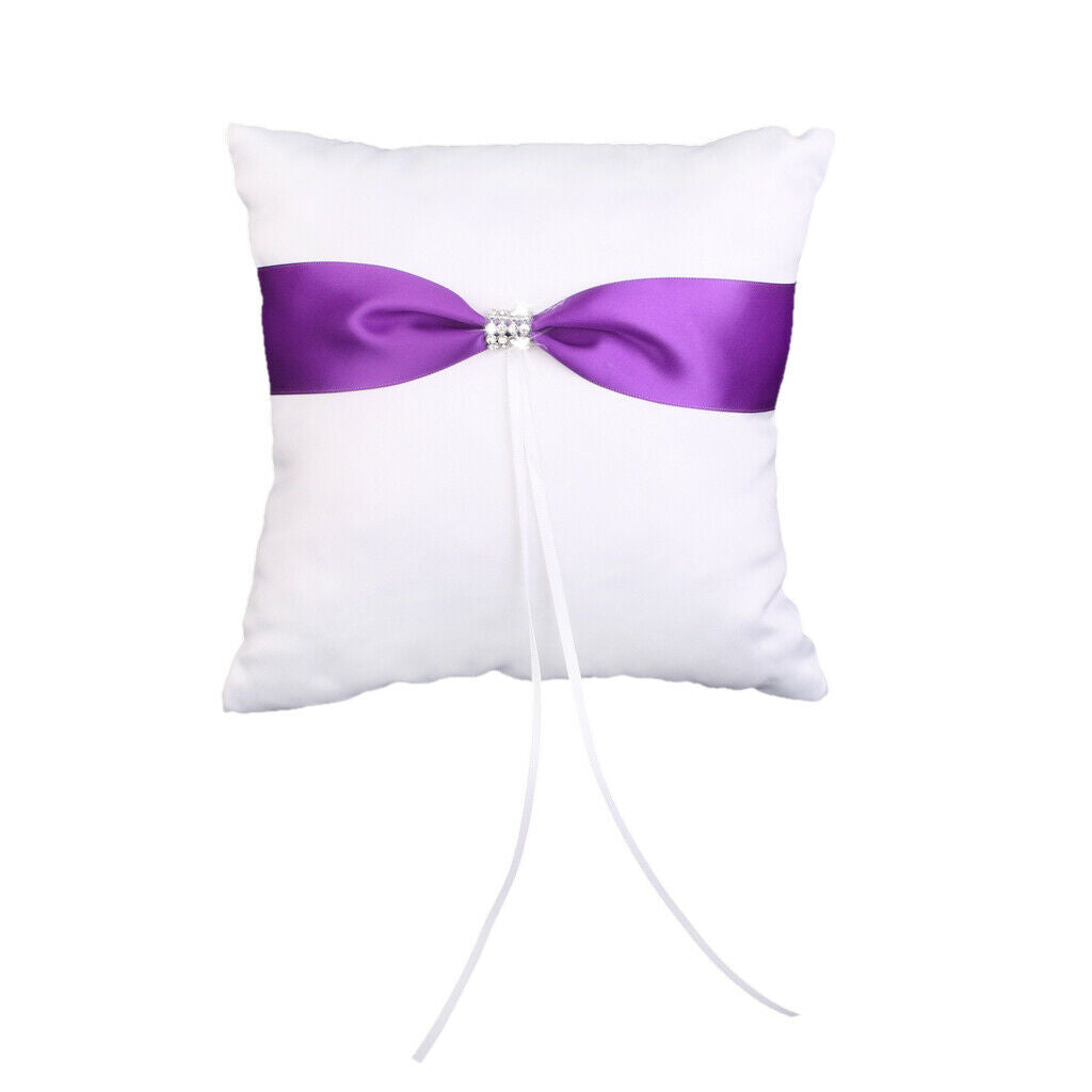 White Satin Wedding   Pillow Bearer Purple Bowknot Diamante Decor-20cm