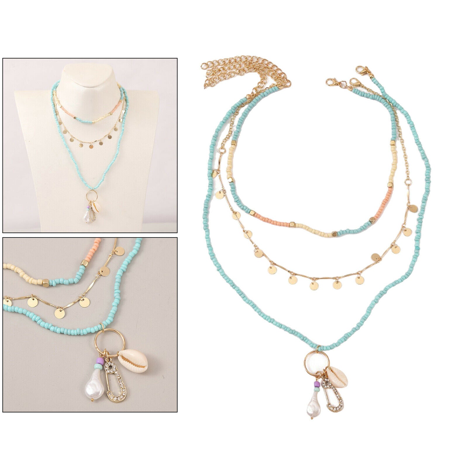 3pcs Womens Charm Trendy Beads Shell Necklace Beach Choker Fashion Accessory